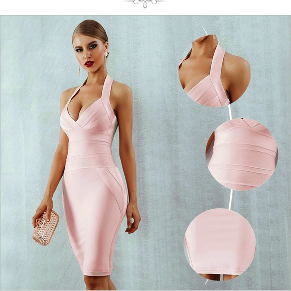 Bandage V-Neck Bodycon Dress in Blush Pink - Picture 3 of 9